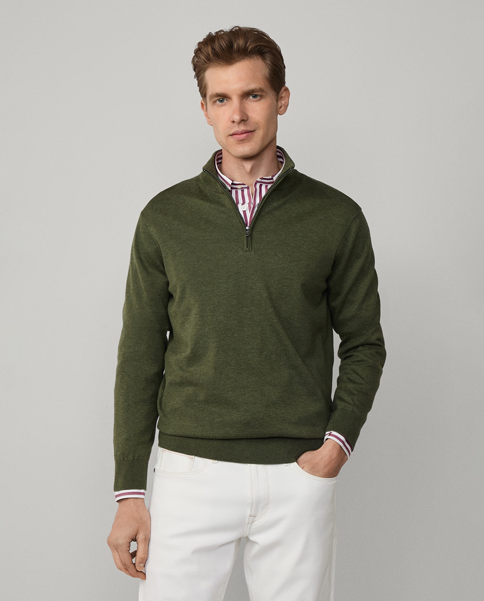 Camisola de Malha Lisa com Meio Fecho de Correr Verde-escuro-1