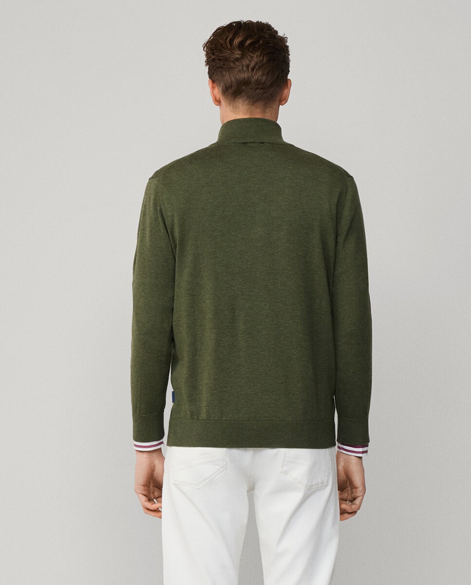 Camisola de Malha Lisa com Meio Fecho de Correr Verde-escuro-2