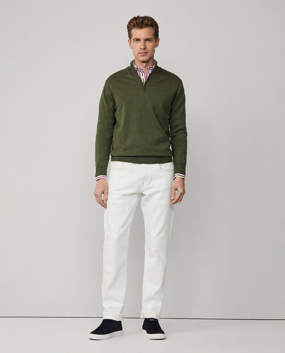 Camisola de Malha Lisa com Meio Fecho de Correr Verde-escuro-6