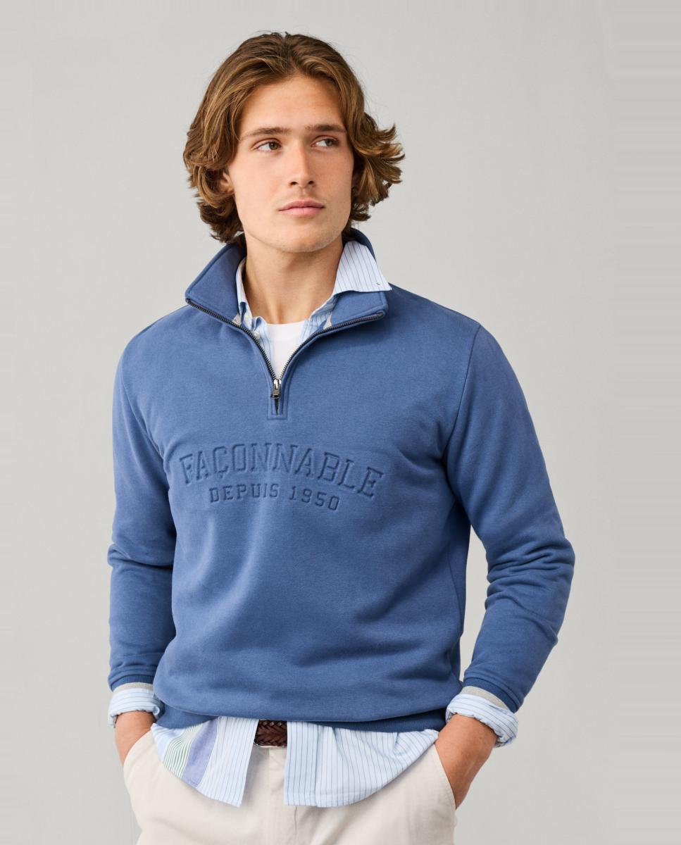 Imagen 3 de Sudadera de hombre con media cremallera y diseño de estilo universitario. - Façonnable - Azul índigo Azul índigo