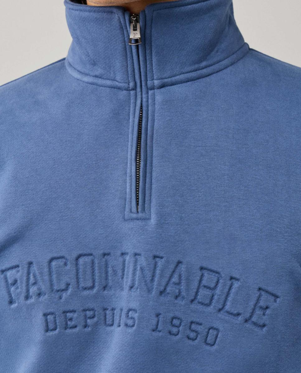 Imagen 4 de Sudadera de hombre con media cremallera y diseño de estilo universitario. - Façonnable - Azul índigo Azul índigo