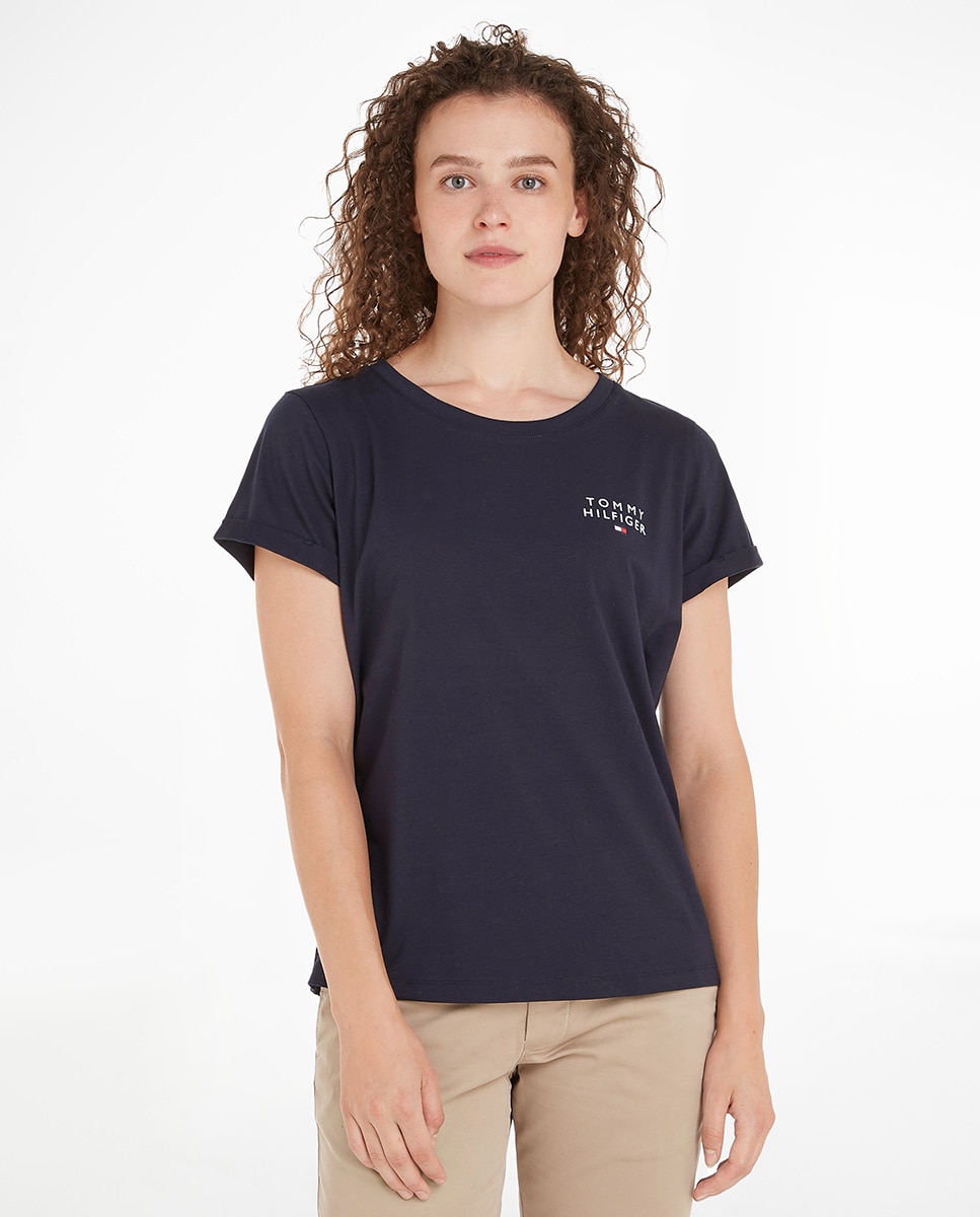 T-shirt Básica com Logótipo TH e em Algodão Azul-1