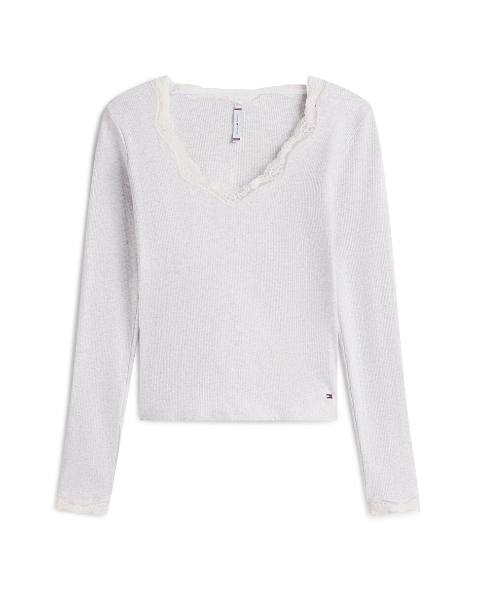 Camisola de Manga Comprida com Decote de Renda Cinzento-claro-4