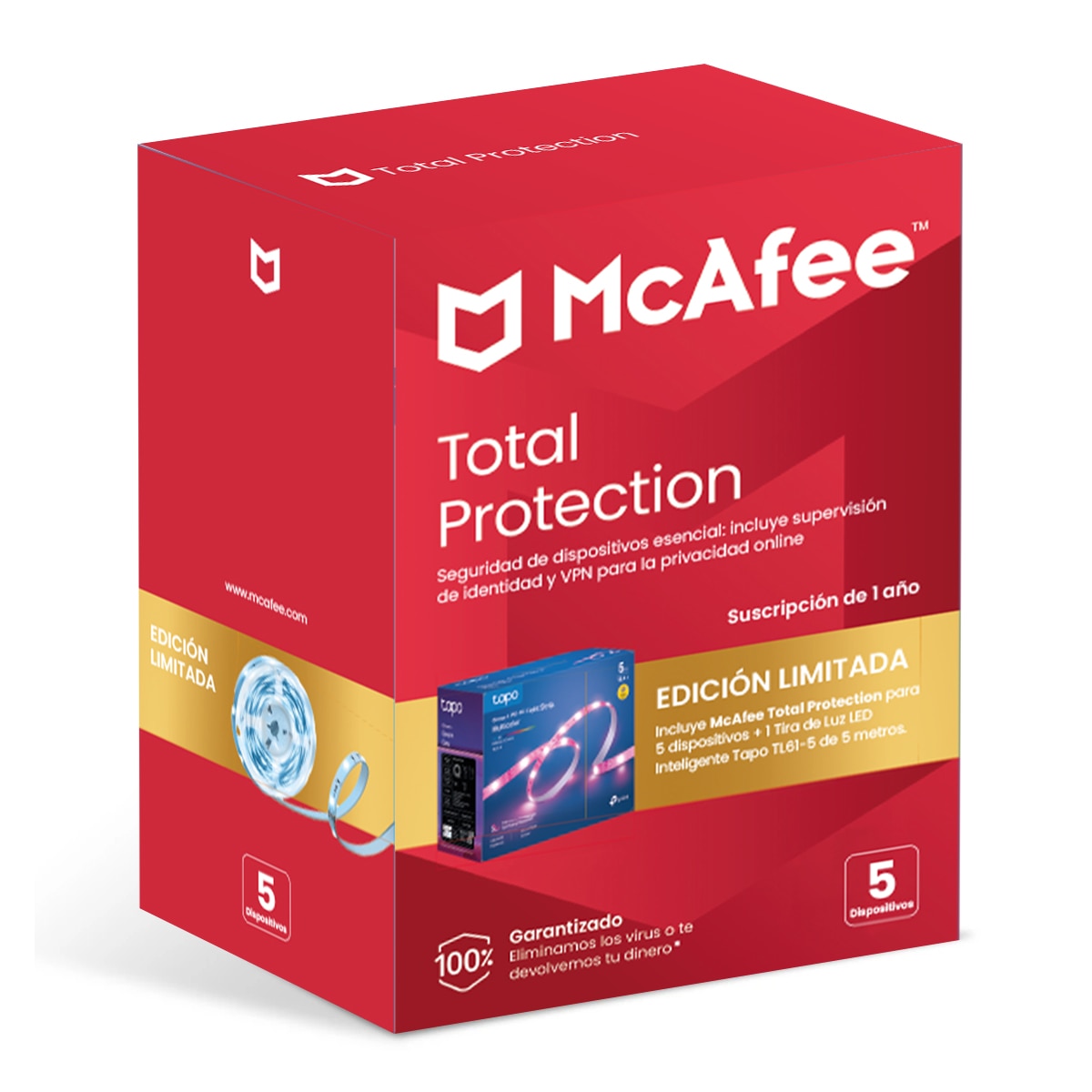 Imagen 0 de McAfee Total Protection 5 Suscripción 1 año + Regalo Tapo Tira Led 5 metros - Caja Gold