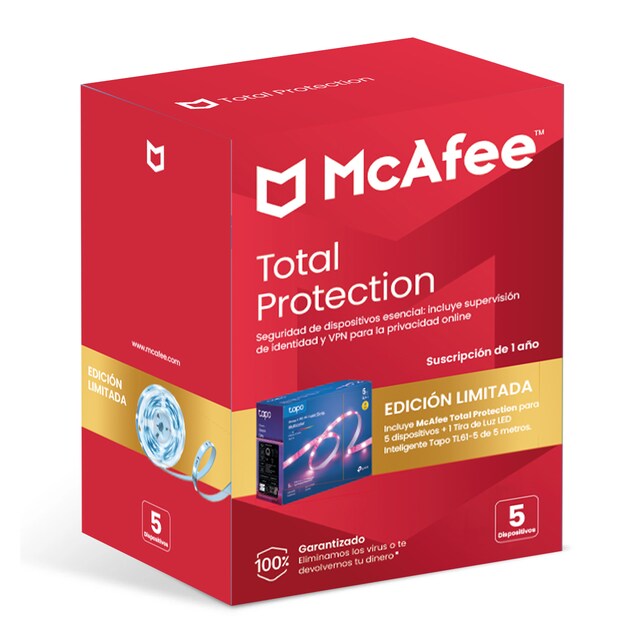 Imagen 0 de McAfee Total Protection 5 Suscripción 1 año + Regalo Tapo Tira Led 5 metros - Caja Gold