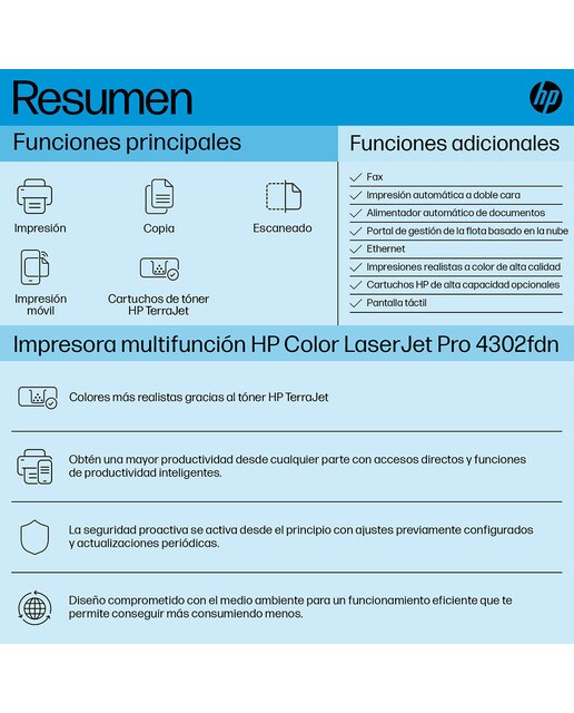 Impresora Multifunción HP color LaserJet Pro 4302fdn, Fax Blanco / Azul-4