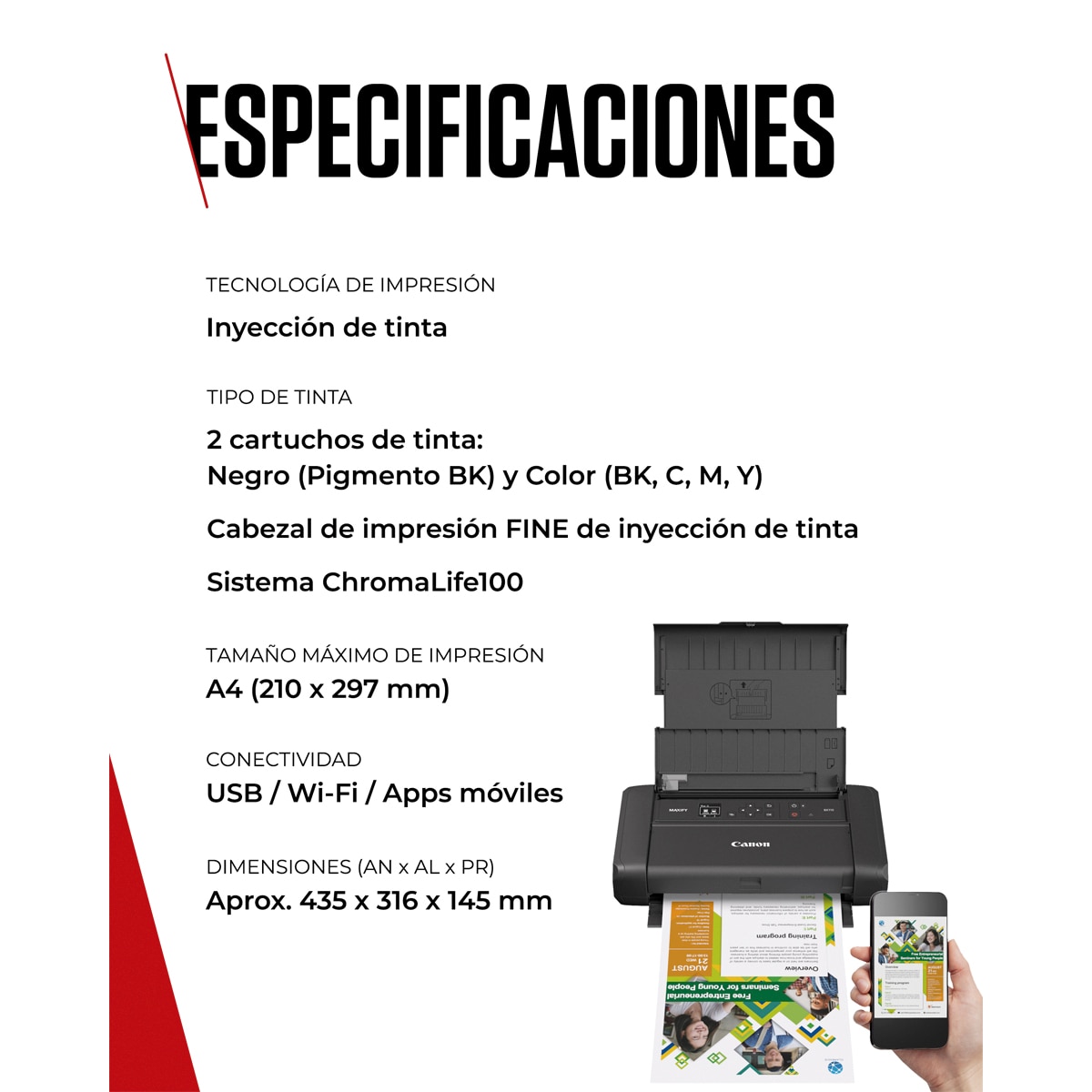 Impresora Canon MAXIFY BX110 con batería recargable, Wi-Fi, carga vía USB, preparada para tablet y smartphone Blanco-6
