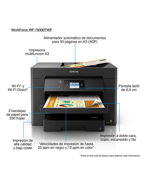 Impresora Multifunción tinta Epson WorkForce WF-7830DTWF, Wi-Fi, Fax e impresión A3 Negro-5