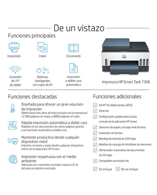 Impresora Multifunción Rellenable Tinta HP Smart Tank 7306 Wi-Fi Blanco / Azul-5