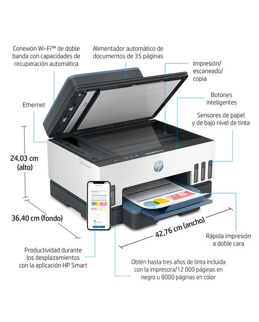 Impresora Multifunción Rellenable Tinta HP Smart Tank 7306 Wi-Fi Blanco / Azul-6