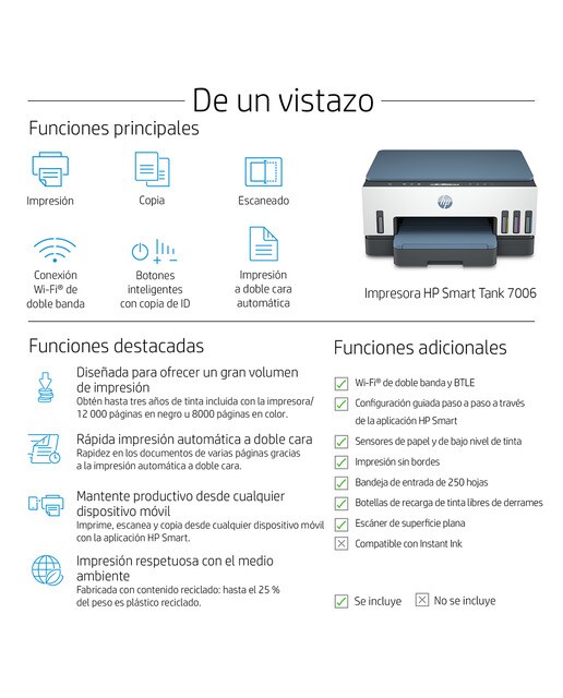 Impresora Multifunción Rellenable Tinta HP Smart Tank 7006 Wi-Fi Blanco / Azul-5