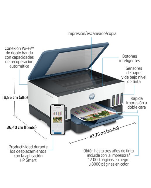 Impresora Multifunción Rellenable Tinta HP Smart Tank 7006 Wi-Fi Blanco / Azul-6
