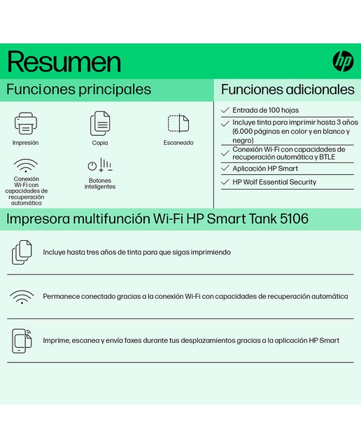 Impresora Multifunción Tinta HP Smart Tank 5106 Wi-Fi Blanco / Azul-9