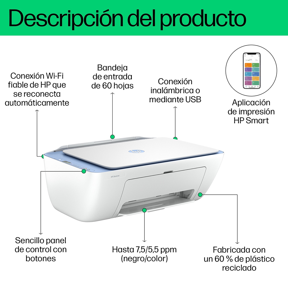 Impresora Multifunción HP Deskjet 2822e, WiFi, USB, color, compatible con Instant Ink Blanco / Azul-5