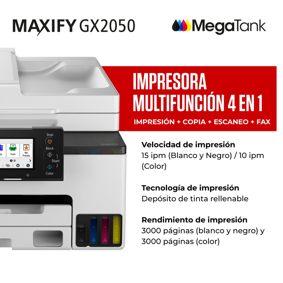 Impresora Multifunción 4 en 1 Canon MAXIFY GX2050 MegaTank con ADF, Wi-Fi, Ethernet y depósitos de tinta rellenables Blanco-3
