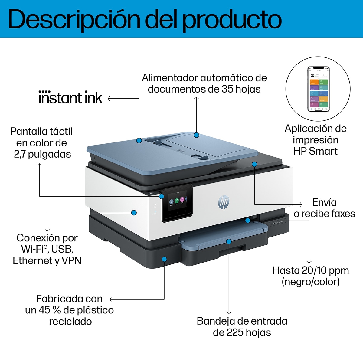 Impresora multifunción HP OfficeJet Pro 8125e, Fax móvil, Wi-Fi, compatible con Instant Ink Blanco / Gris-6