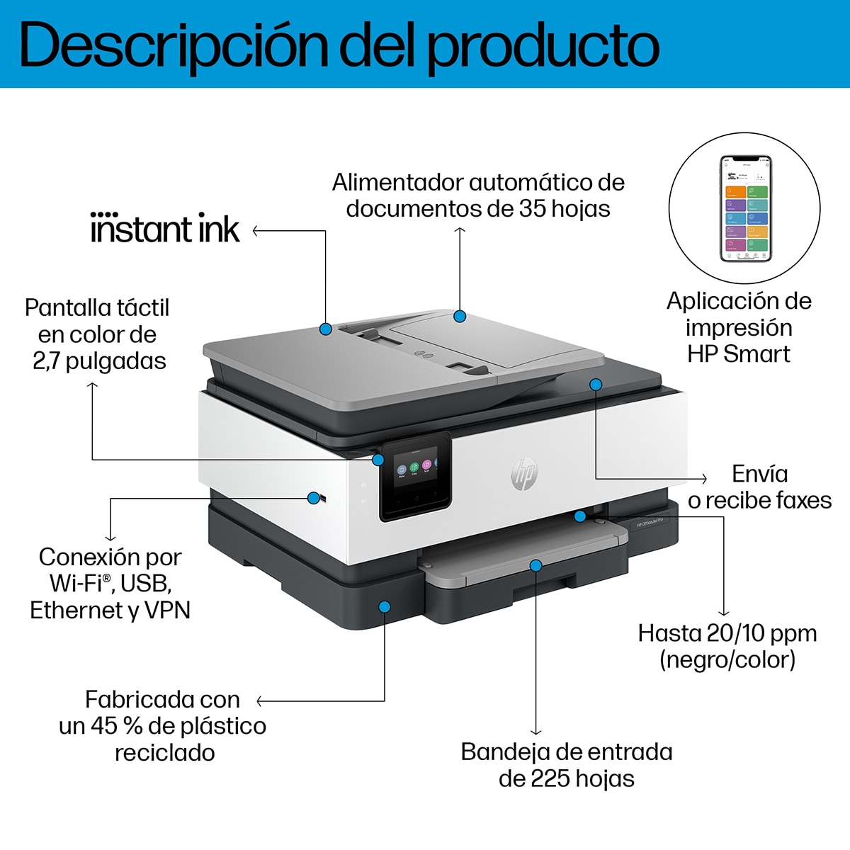 Impresora multifunción HP OfficeJet Pro 8134e, Fax, Wi-Fi, compatible con Instant Ink Blanco-6