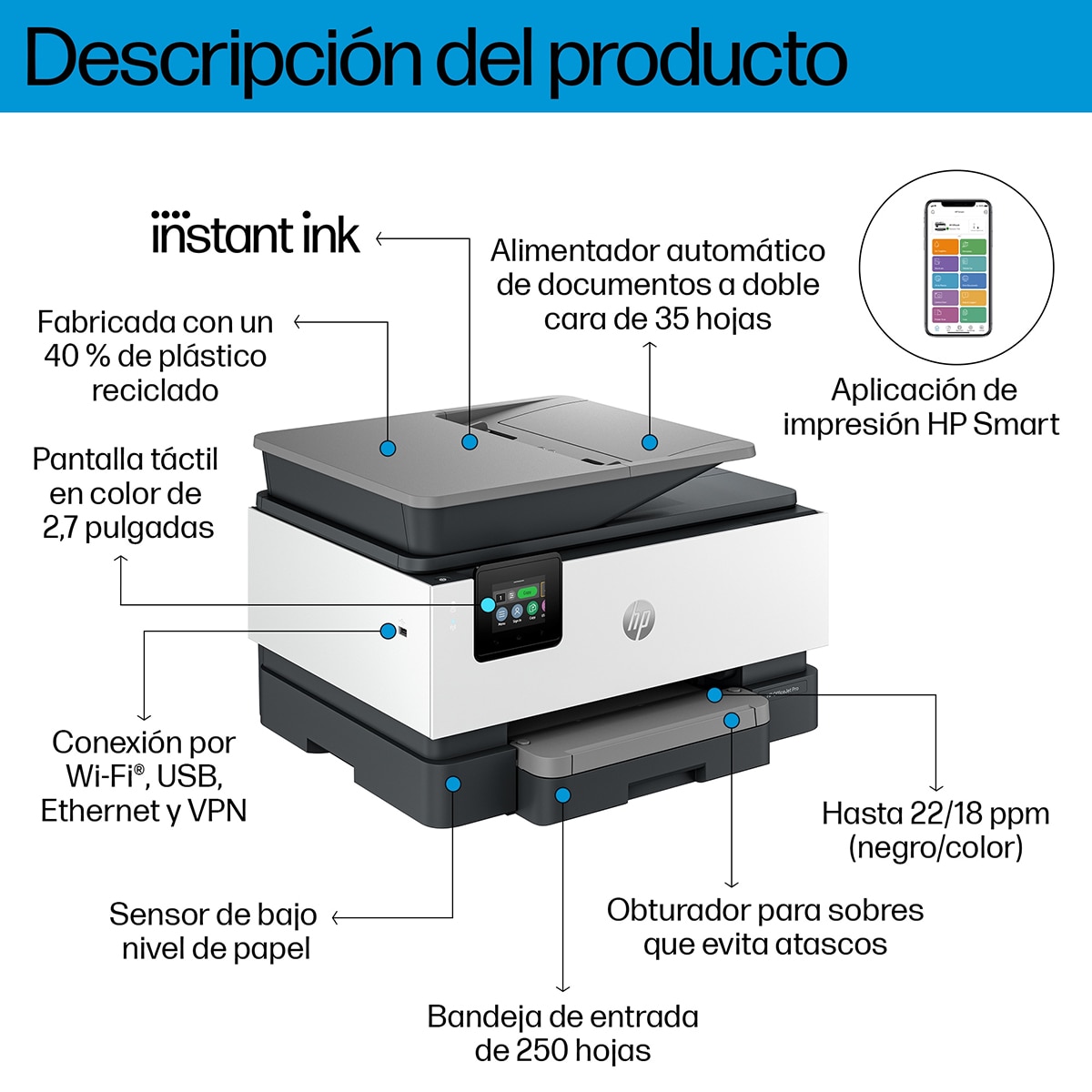 Impresora multifunción HP OfficeJet Pro 9122e, Fax, Wi-Fi, compatible con Instant Ink Blanco-5