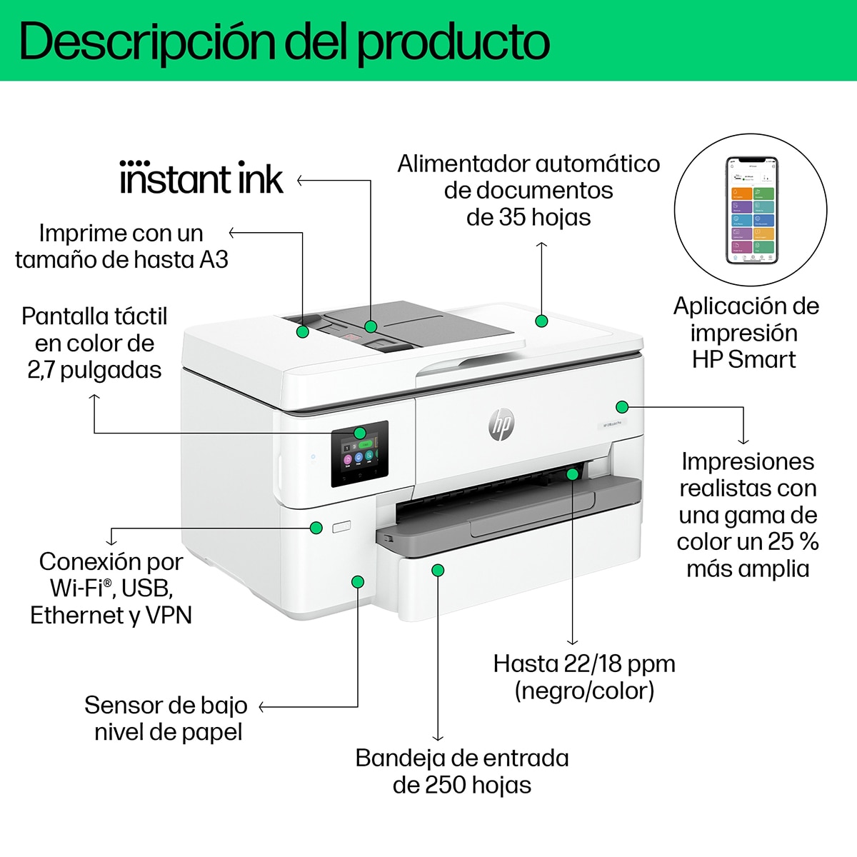 Impresora A3 Multifunción HP OfficeJet Pro 9720e, HP+, Wi-Fi, compatible con Instant Ink - Blanco Blanco-7