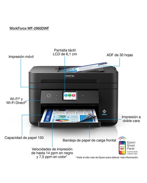 Impresora Multifunçõs tinta Epson Workforce WF-2960DWF, Fax e Wi-Fi Preto-2