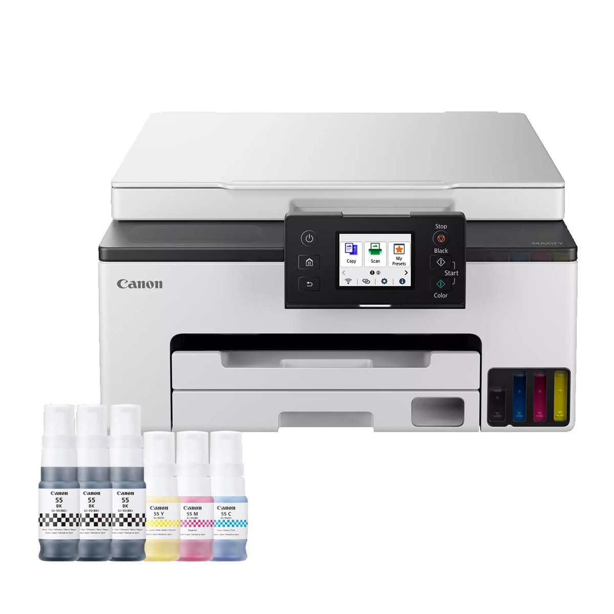 Impresora Multifunción Canon 3 en 1 MAXIFY GX1050 MegaTank con ADF, Wi-Fi, depósitos de tinta rellenables, 2 botellas negras extra Blanco-1