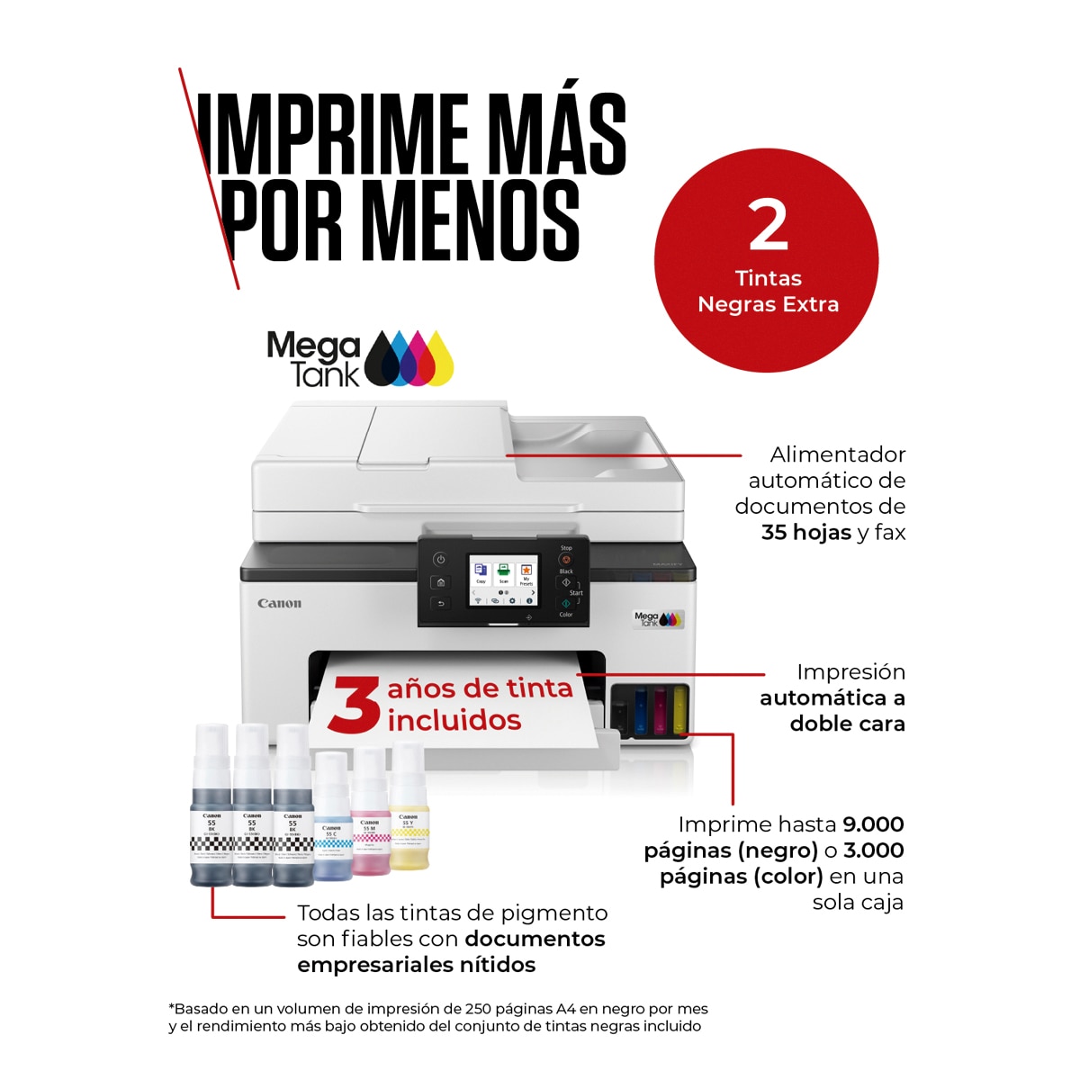Impresora Multifunción Canon 4 en 1 MAXIFY GX2050 MegaTank con ADF, Wi-Fi, depósitos de tinta rellenables, 2 botellas negras extra Blanco-2