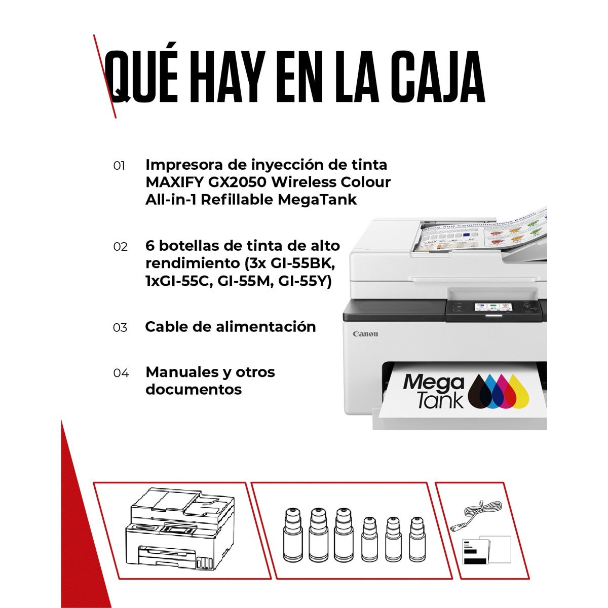 Impresora Multifunción Canon 4 en 1 MAXIFY GX2050 MegaTank con ADF, Wi-Fi, depósitos de tinta rellenables, 2 botellas negras extra Blanco-7
