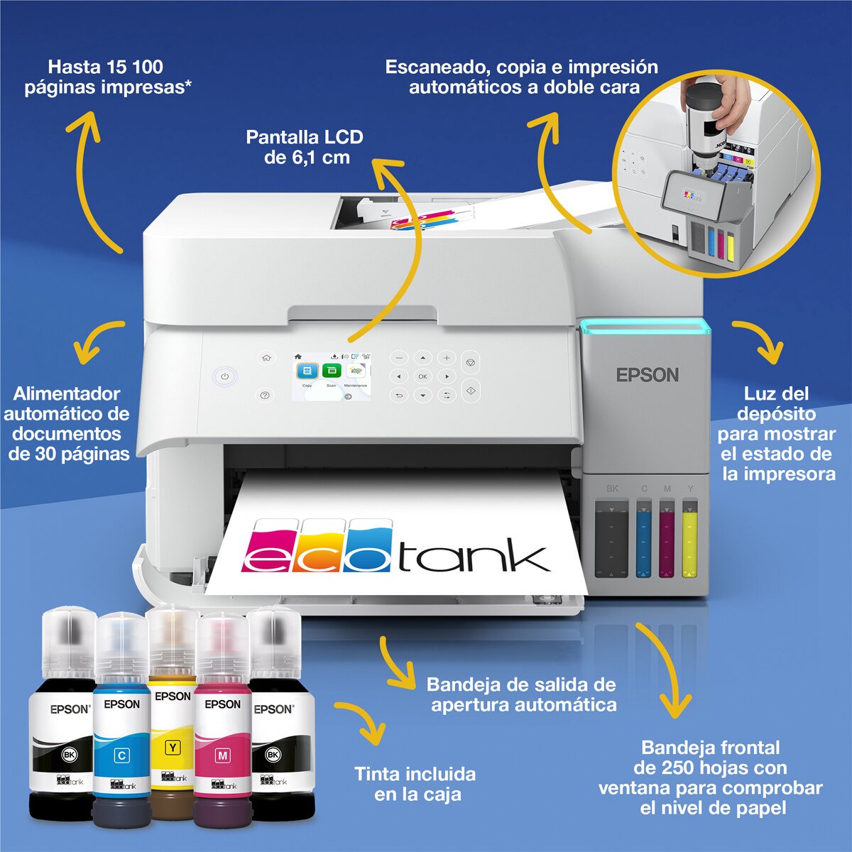 Impresora Mutifunción rellenable tinta Epson EcoTank ET-3956, ADF y Wi-Fi Blanco Blanco-2