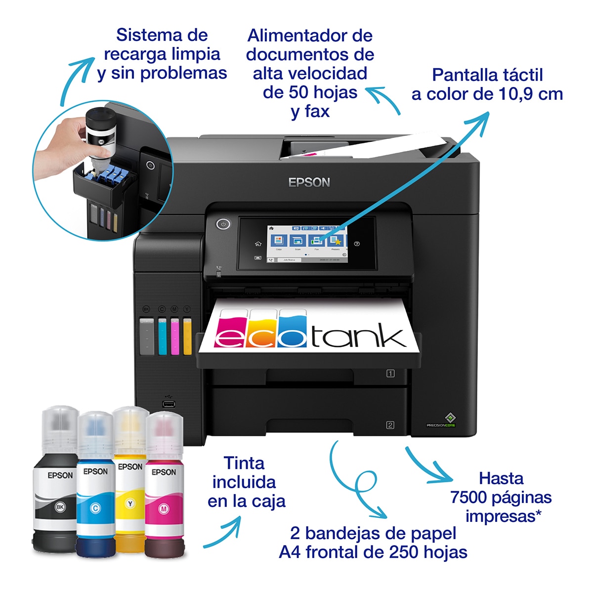 Impresora multifunción rellenable tinta Epson EcoTank ET-5805, A4, Wi-Fi, ADF Negro-2