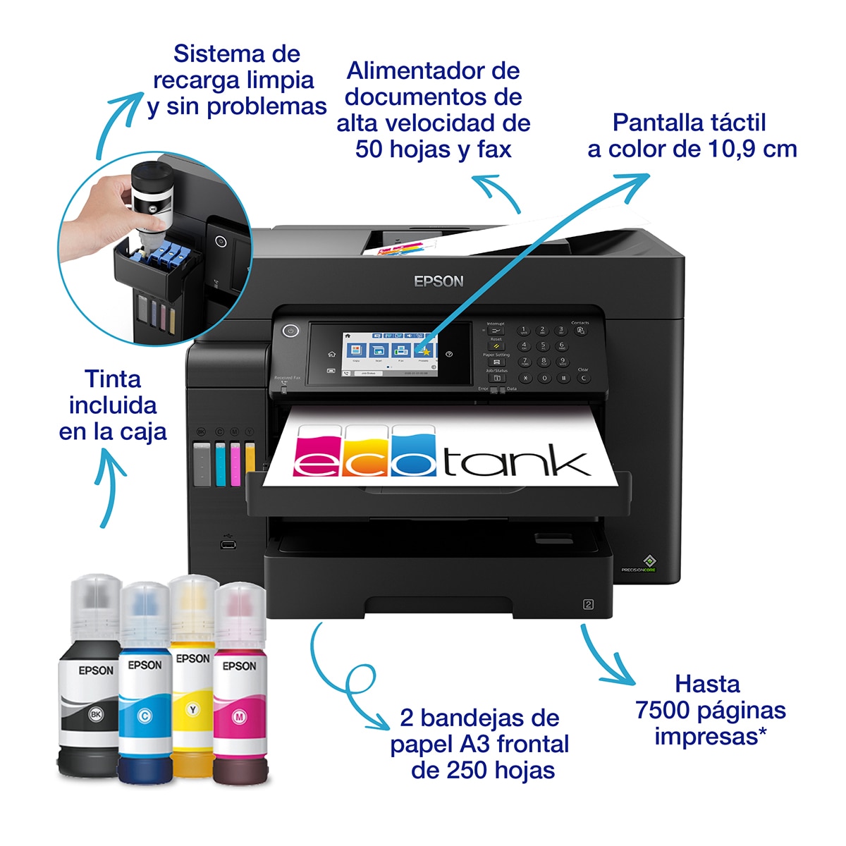 Impresora multifunción rellenable tinta Epson EcoTank ET-16605, A3+, Wi-Fi, ADF Negro-2