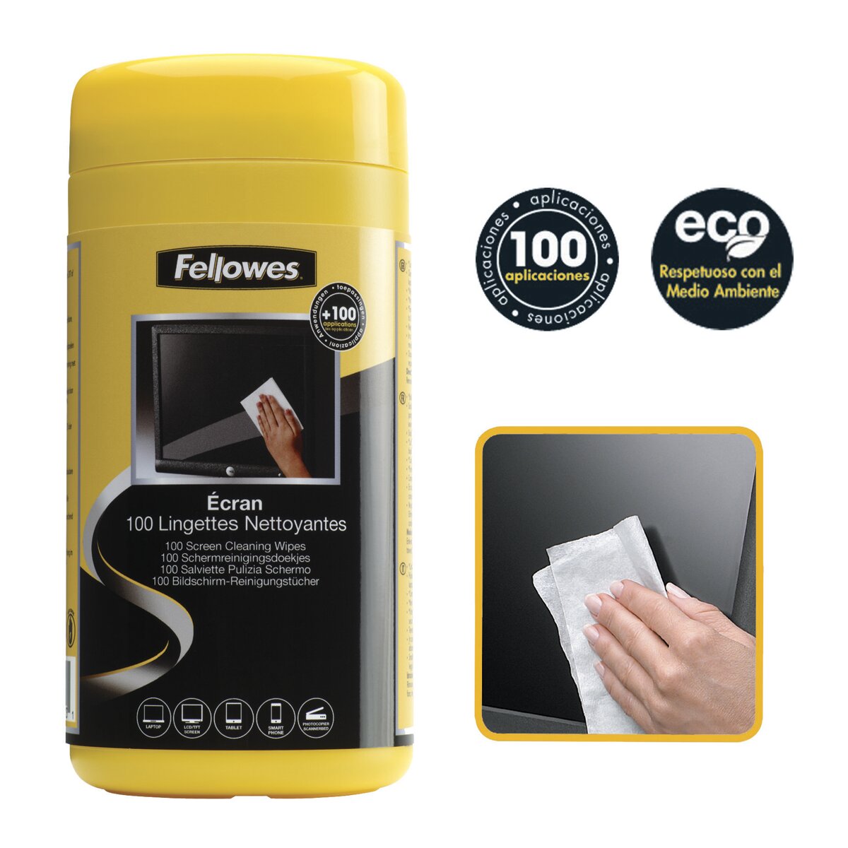 Dispensador Fellowes 100 toallitas limpiadoras para pantalla 2