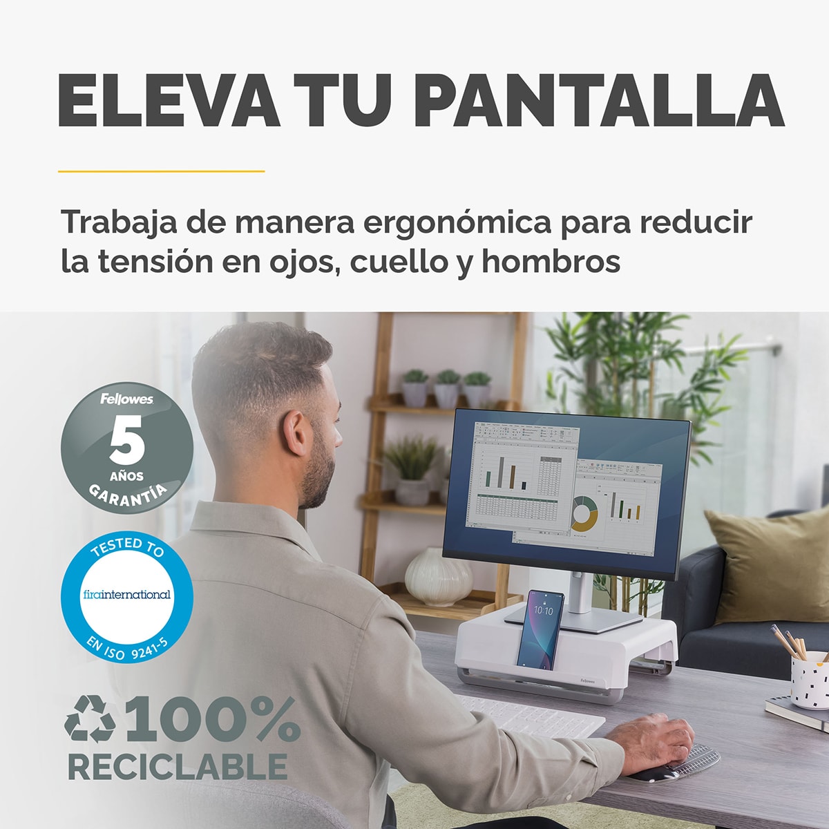 Soporte elevador para monitor Fellowes Breyta blanco, 100% reciclable Blanco / Gris-3