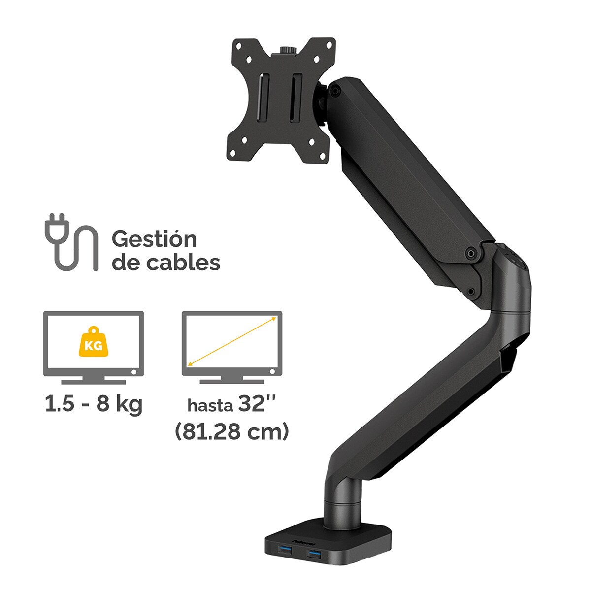 Brazo elevador a gas para 1 pantalla Fellowes Platinum, con 2 Puertos USB, negro  Negro-4