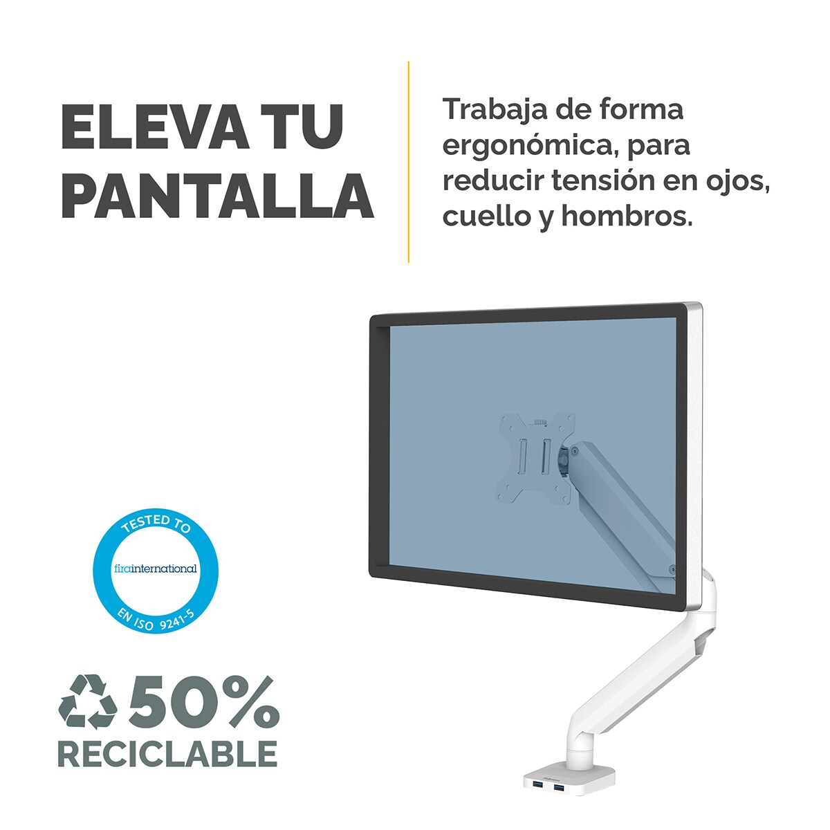 Brazo elevador a gas para 1 pantalla Fellowes Platinum, con 2 Puertos USB, blanco Blanco-3