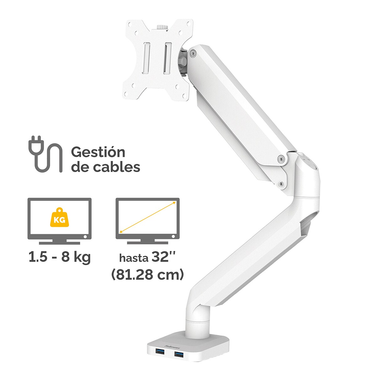 Brazo elevador a gas para 1 pantalla Fellowes Platinum, con 2 Puertos USB, blanco Blanco-4