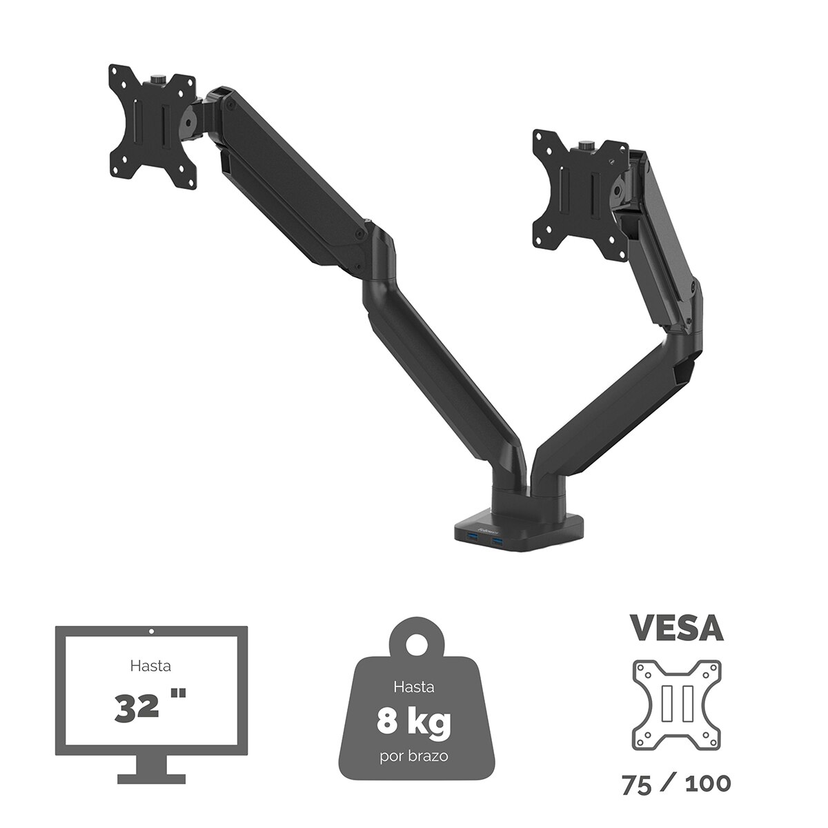 Brazo elevador a gas para 2 pantallas Fellowes Platinum, con 2 Puertos USB, negro Negro-4