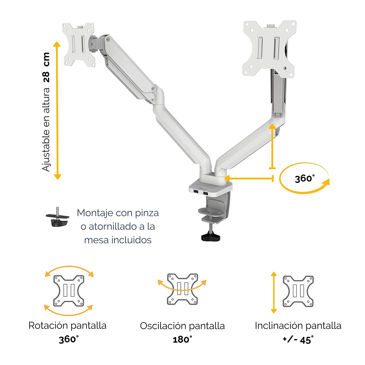 Brazo elevador a gas para 2 pantallas Fellowes Platinum, con 2 Puertos USB, blanco Blanco-6