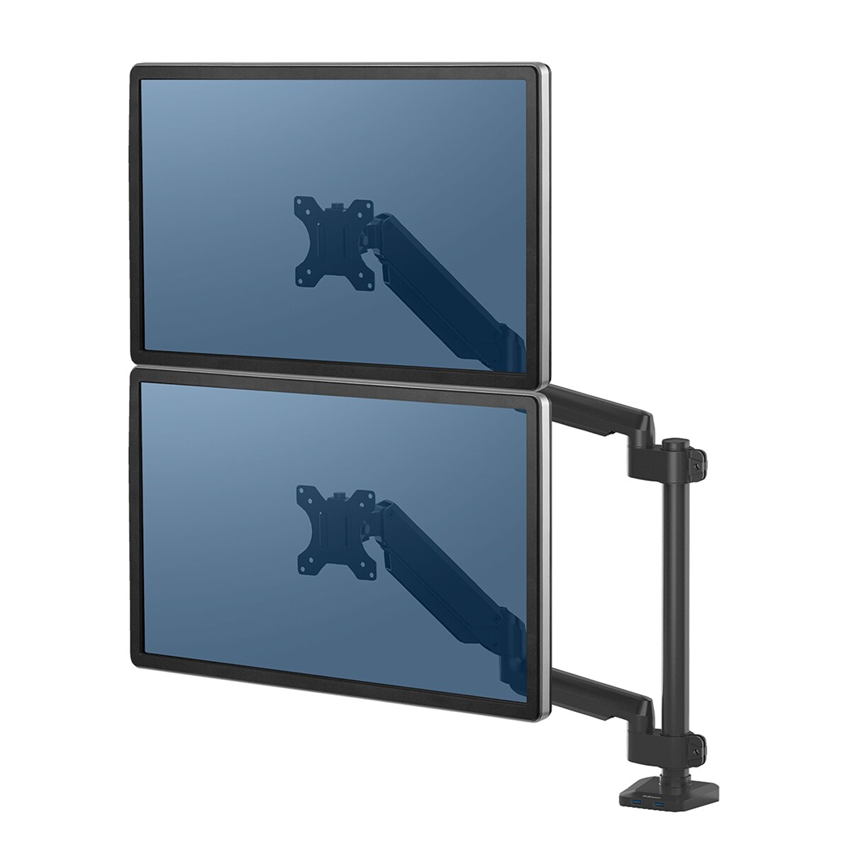 Brazo elevador a gas para 2 pantallas vertical Fellowes Platinum, con 2 Puertos USB, negro  Negro-2