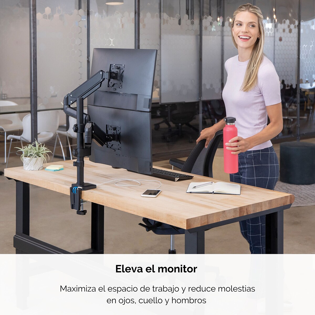 Brazo elevador a gas para 2 pantallas vertical Fellowes Platinum, con 2 Puertos USB, negro  Negro-3