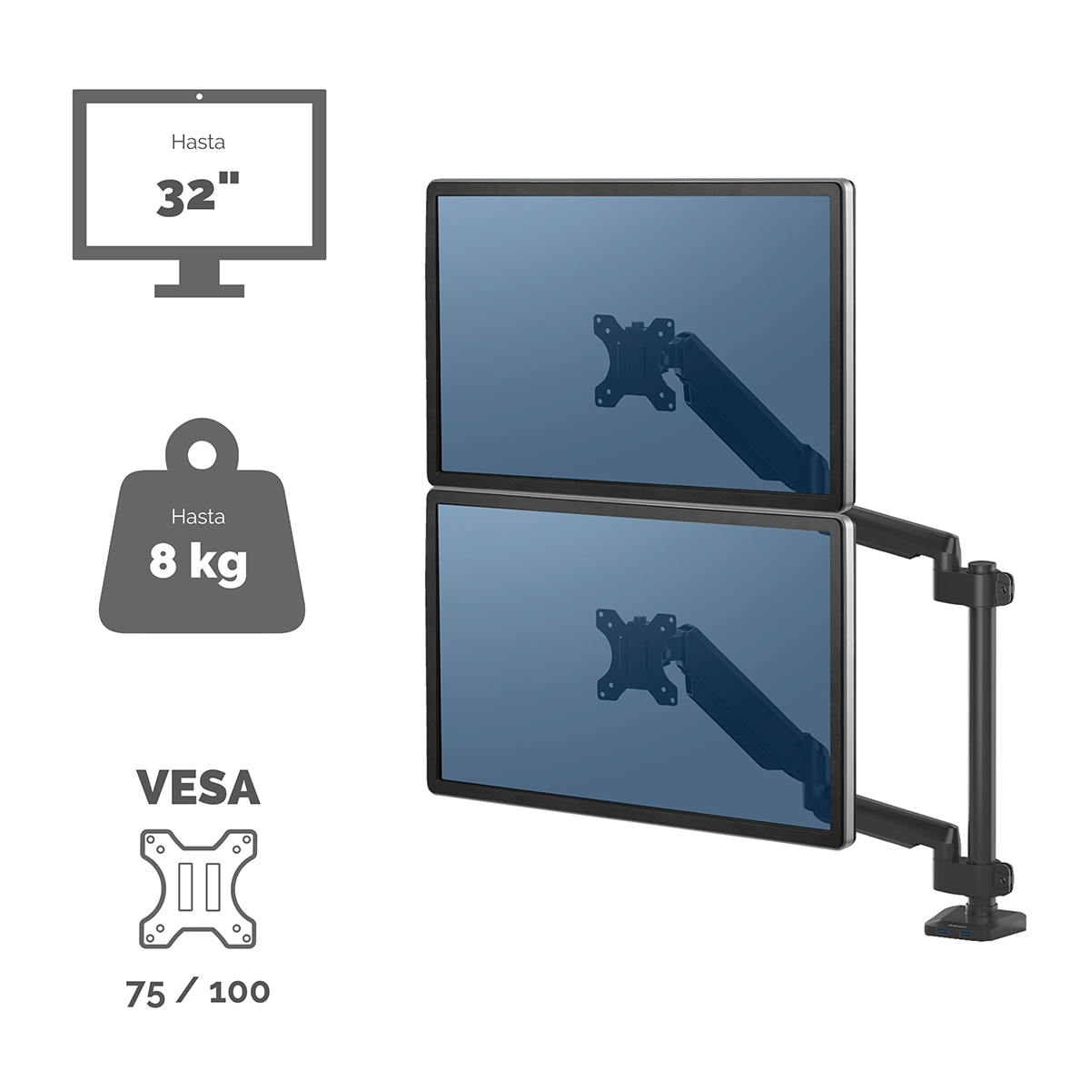 Brazo elevador a gas para 2 pantallas vertical Fellowes Platinum, con 2 Puertos USB, negro Negro-4