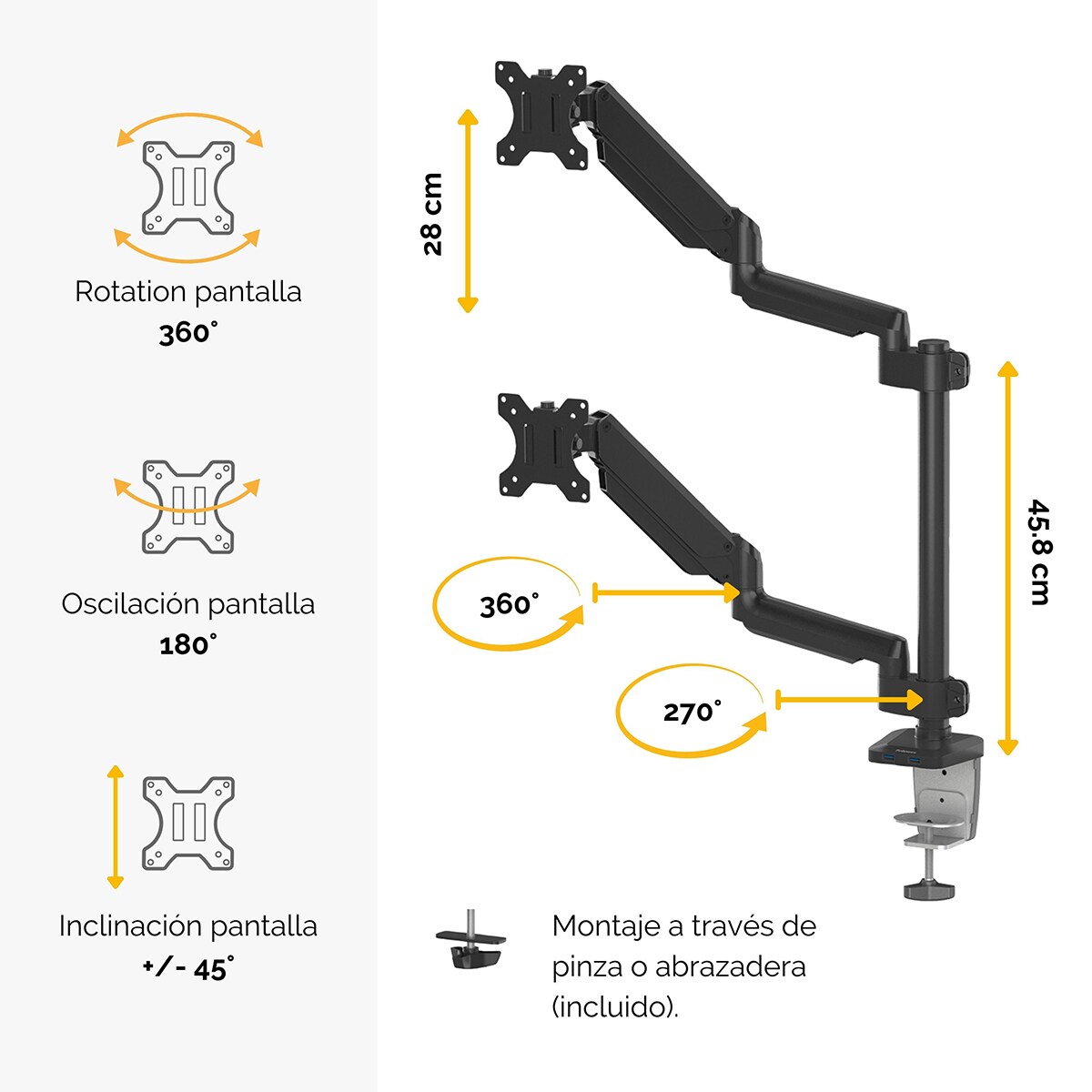 Brazo elevador a gas para 2 pantallas vertical Fellowes Platinum, con 2 Puertos USB, negro  Negro-7