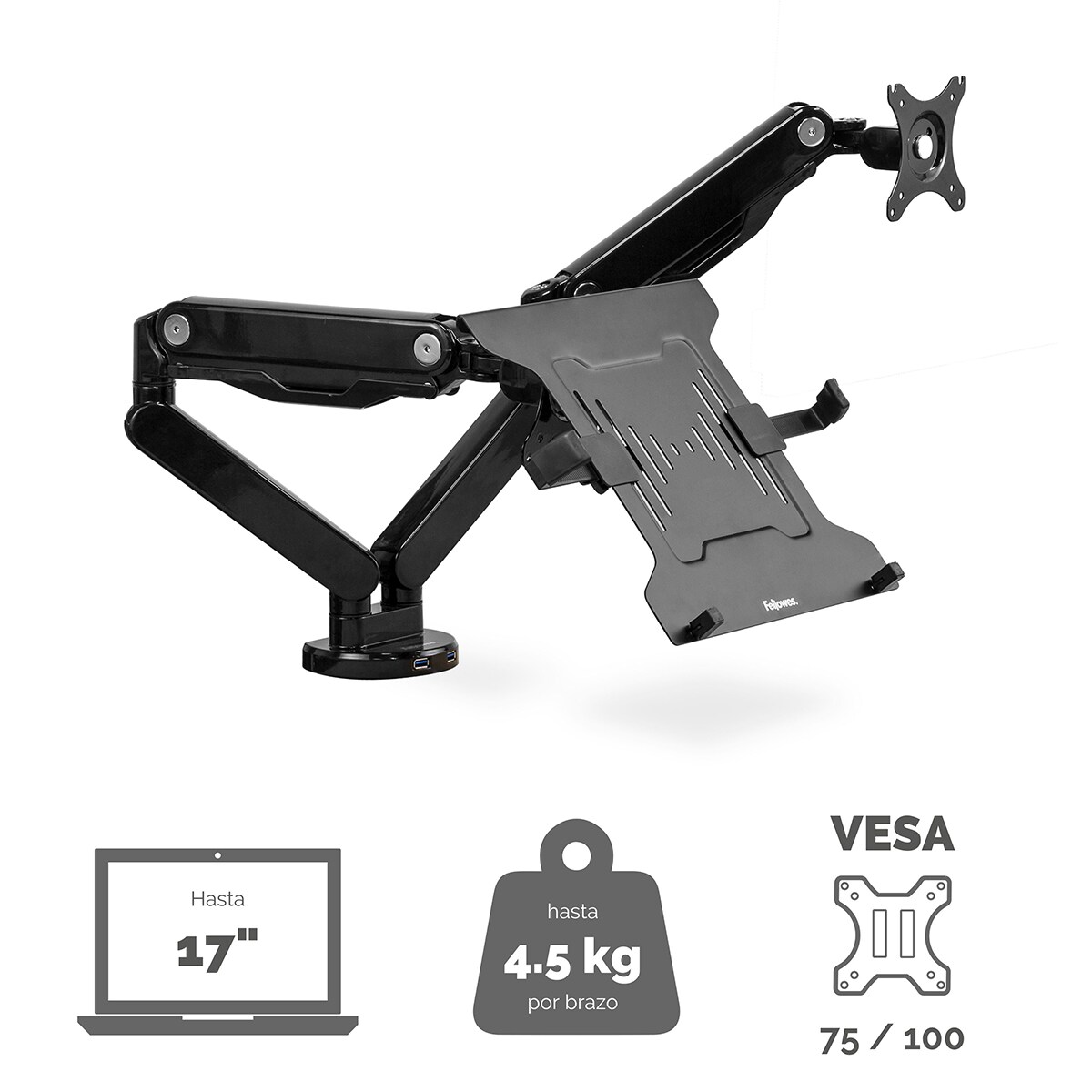 Accesorio Soporte metálico para portátil Fellowes, compatible con los brazos de monitor Negro-3