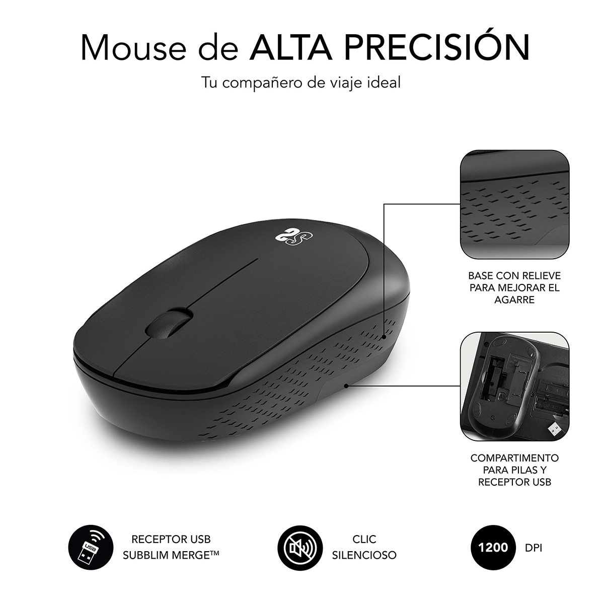 Ratón Subblim inalámbrico, silencioso, ambidiestro, USB, negro Negro-4