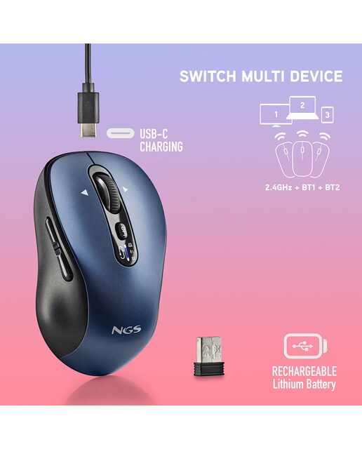 Ratón inalámbrico recargable NGS Infinity-RB multidispositivo Negro / Azul-3