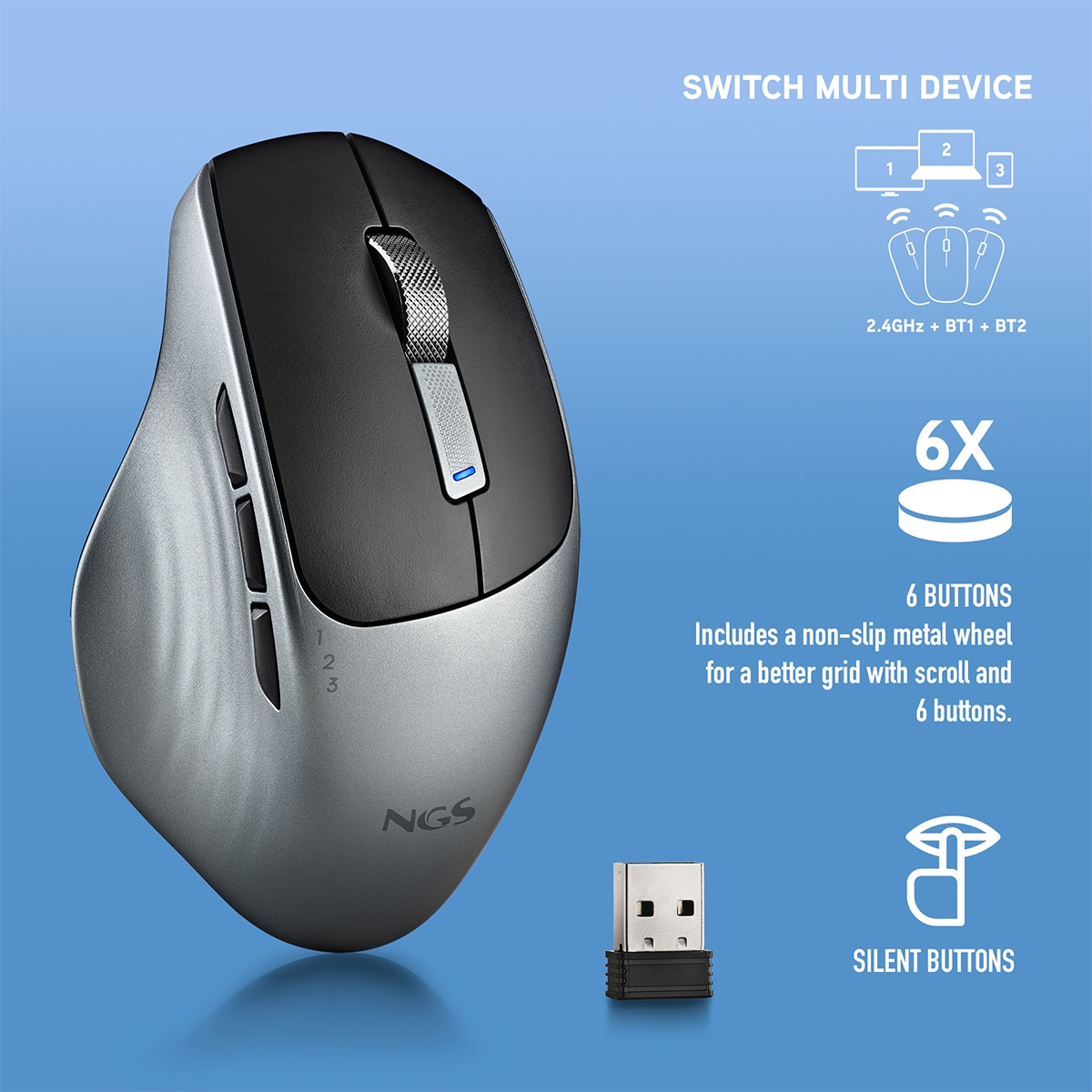 Ratón inalámbrico multi-modo NGS Lush-RB Negro / Gris-4