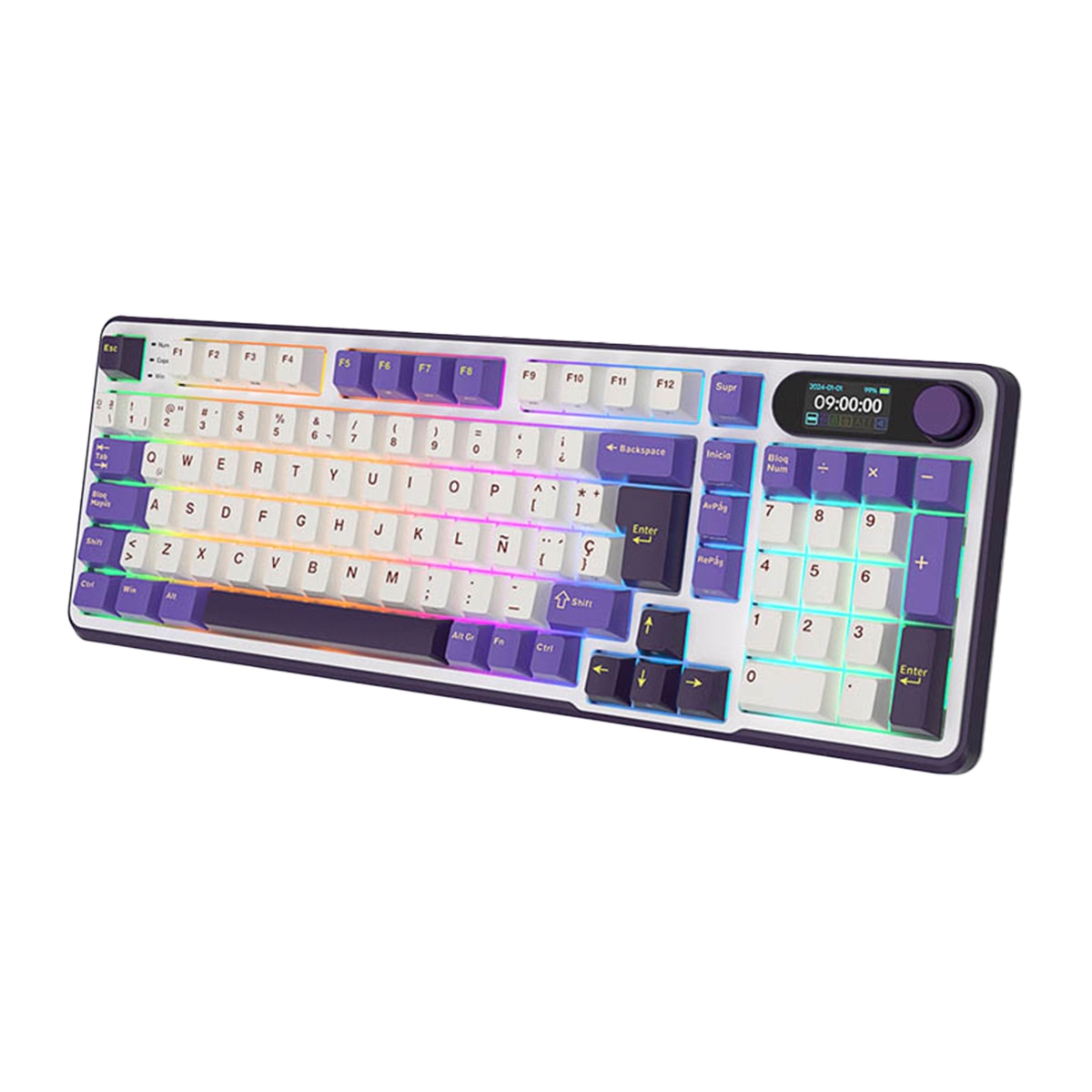 Teclado Gaming Royal Kludge RKS98 ISO-ES Hot-Swappable Switch Brown Wireless Blackberry Blanco / Morado-4