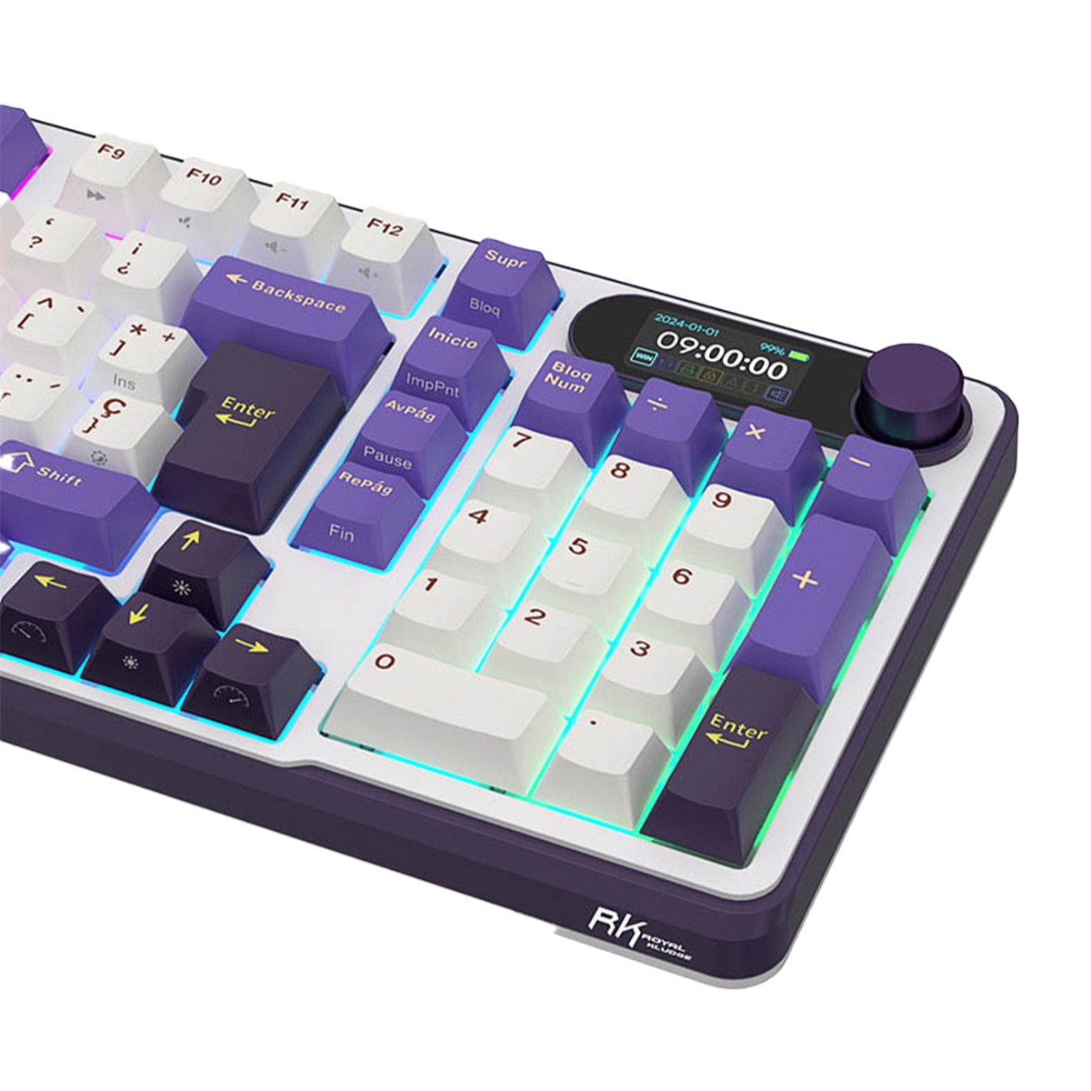 Teclado Gaming Royal Kludge RKS98 ISO-ES Hot-Swappable Switch Brown Wireless Blackberry Blanco / Morado-5