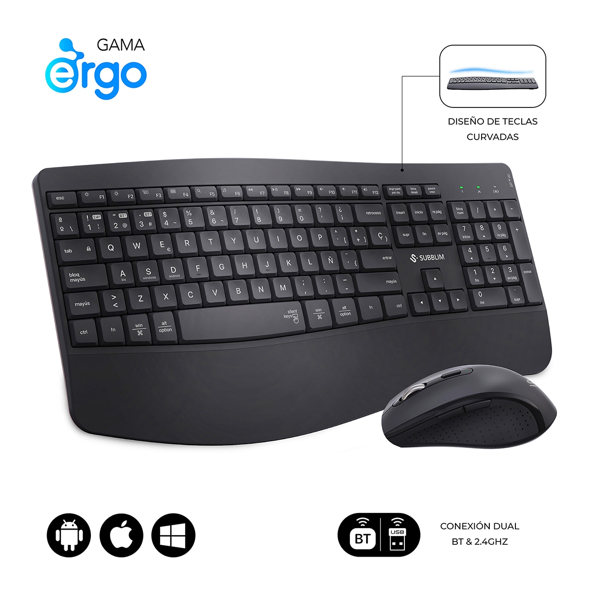 Combo de teclado y ratón ergonómicos Subblim multidispositivo negro Negro-3