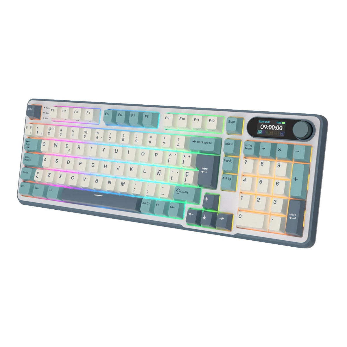 Teclado para Mac y Windows Royal Kludge RKS98 ISO-ES RGB Hot-Swappable Switch Chartreuse Wireless Light Cloud Gris / Azul-5