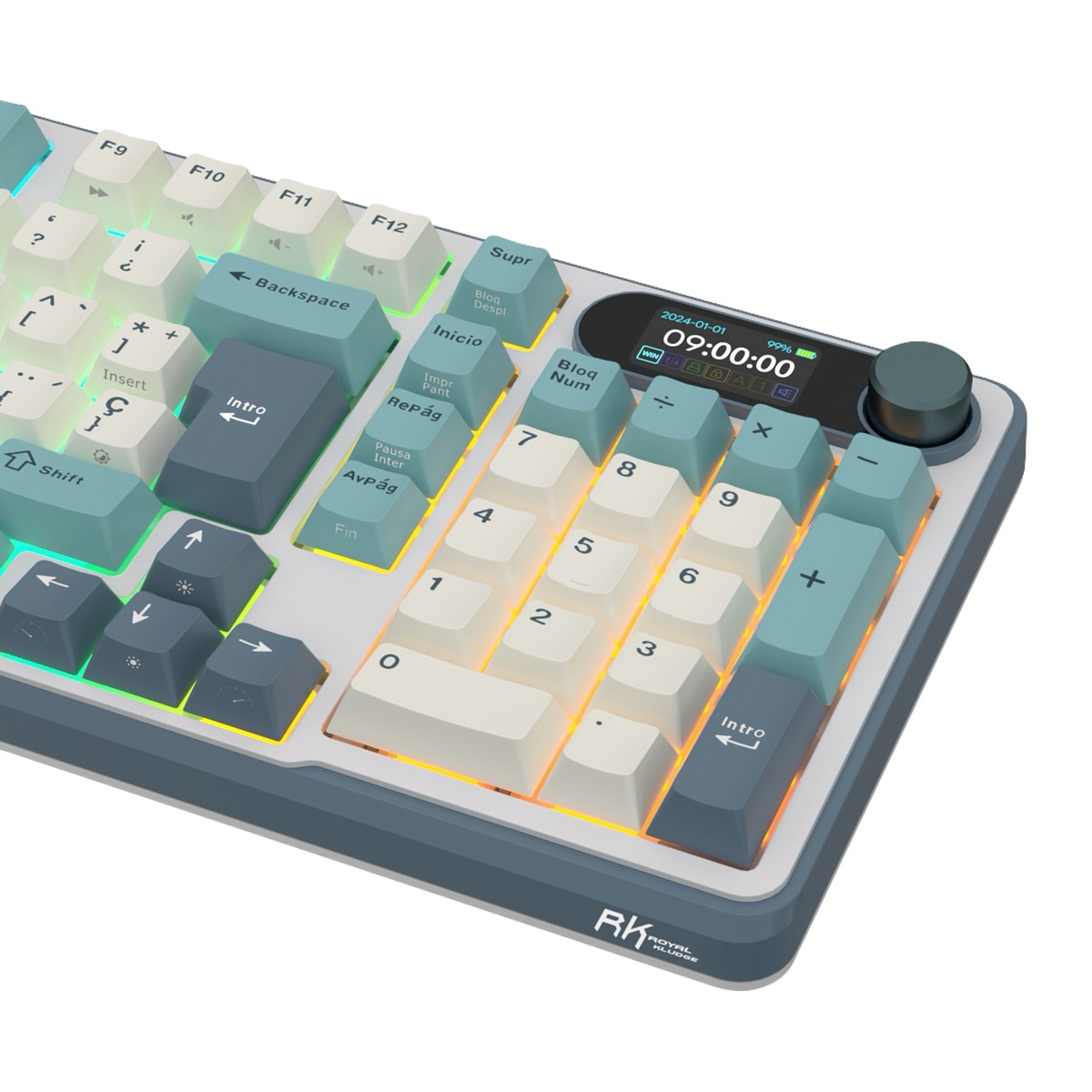 Teclado para Mac y Windows Royal Kludge RKS98 ISO-ES RGB Hot-Swappable Switch Chartreuse Wireless Light Cloud Gris / Azul-8